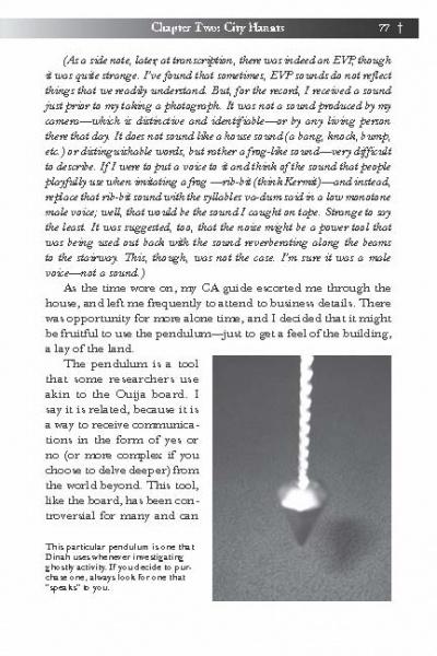A page from "Spooky York, Pennsylvania" by Schiffer Publishing, Ltd. describes using a pendulum as a communication tool, with a black and white photo showing a pendulum over a board, linked to York, Pennsylvania legends.