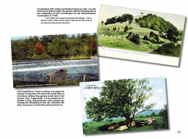 A collage of three vintage Berkshires postcards from Schiffer Publishing, Ltd.: a green hillside, a lake view with a frog statue, and a large tree among grass and rocks—each with brief historical or descriptive captions.