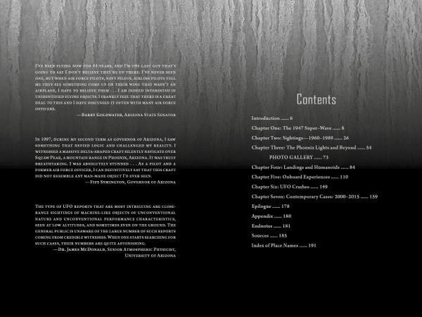 A grayscale spread from "UFOs Over Arizona" by Schiffer Publishing, Ltd. shows a textured background; the left page has Arizona UFO sighting quotes like the Phoenix Lights, while the right page lists the table of contents.