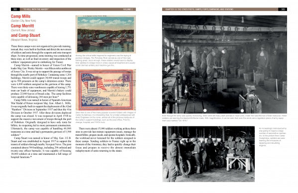 Two pages from "To Hell with the Kaiser, Vol. II" by Schiffer Publishing, Ltd. show text, a river camp photo, an old pass, and black-and-white photos of Doughboys working in wooden buildings during U.S. Army history.