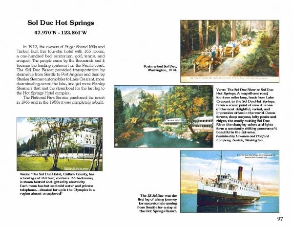 The book "Greetings from the Washington Coast" by Schiffer Publishing, Ltd. features historical photos, a vintage steamship, forested mountains, outdoor dining guests, and text detailing the history and importance of Sol Duc Hot Springs.