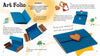 A step-by-step illustrated guide from Schiffer Publishing, Ltd. shows kids how to craft a blue heart-clasp art folio using Cardboard, helping build fine motor skills; the completed project appears at the bottom right.