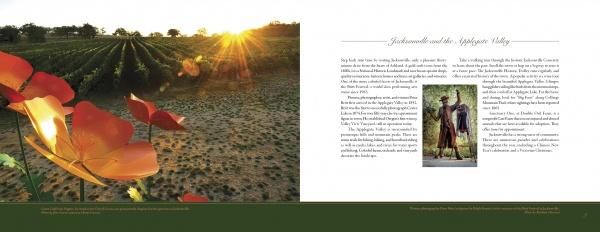 A scenic vineyard at sunset with orange poppies on the left; on the right, text about Ashland, Oregon’s history and a small image of two statues, evoking a photographic essay. Product: Ashland, Oregon, Day Trips by Schiffer Publishing, Ltd.