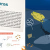 Discover "The Sea" by Schiffer Publishing, Ltd.—a panoramic fold-out poster featuring an illustrated cross-section of the abyssal plains, a yellow submarine by a whale skeleton, deep-sea creatures, plus informative text and diagrams about ocean habitats.