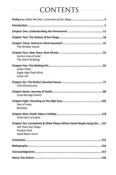 The table of contents for Piercing the Veil by Schiffer Publishing, Ltd. lists a preface, introduction, nine chapters on San Diego haunted sites like the Whaley House, plus conclusion, bibliography, acknowledgments, and author info with page numbers.