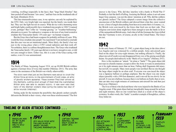 Two pages from "Little Gray Bastards" by Schiffer Publishing, Ltd. examine UFOs and alien abductions, referencing ufology and history. A yellow timeline at the bottom highlights key events from 1946 to 1955 with brief year-by-year descriptions.