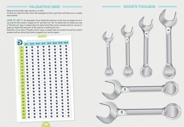 On the left page, a validation grid features numbers and letters; on the right, six cartoon wrenches labeled Doozs Toolbox await—ideal for building problem-solving skills in Escape Game Adventure: Operation Pizza from Schiffer Publishing, Ltd.