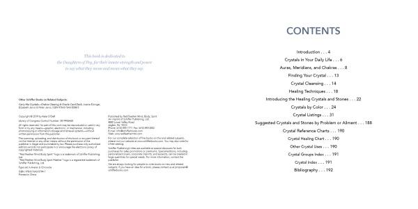An open book, "Crystal Rhythms" by Schiffer Publishing, Ltd., shows a dedication on the left page and a table of contents on the right with chapters like crystal healing and chakras, all in a clean layout with ample white space.