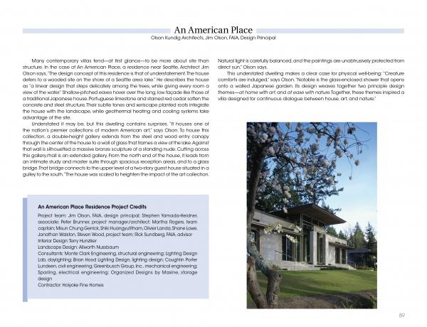 A magazine spread from Schiffer Publishing, Ltd. features Contemporary Villas, highlighting a modern house amid trees. An inset photo of a tree branch against the sky complements the architectural details and project insights.