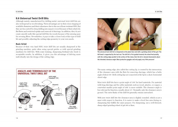 A page from "Sharpening Woodworking Tools" by Schiffer Publishing, Ltd. explains universal twist drill bits, with a diagram of drill bit angles and photos showing sharpening techniques using a grinding wheel for maintaining sharpness.