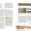 A book spread by Schiffer Publishing, Ltd. features Handwoven Tape patterns, text, tape samples in black, tan, and blue, a highlighted info box, and coiled tan tape made on a tape loom at the bottom right corner.