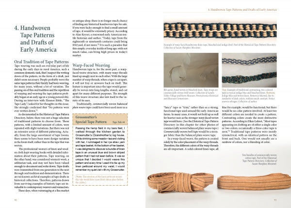 A book spread by Schiffer Publishing, Ltd. features Handwoven Tape patterns, text, tape samples in black, tan, and blue, a highlighted info box, and coiled tan tape made on a tape loom at the bottom right corner.