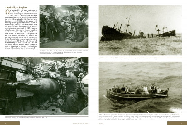 A collage from "German U-Boat Ace Peter Cremer" by Schiffer Publishing, Ltd.: four WWII black-and-white photos show U-333’s crew firing AA guns, a torpedoed ship sinking, a sailor near a torpedo, and lifeboat survivors waving.