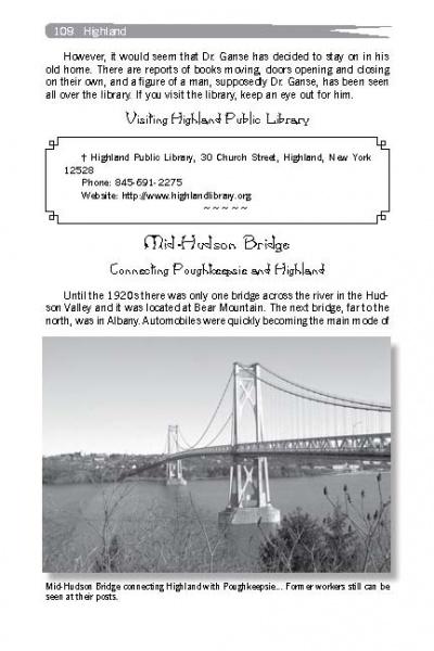 A black-and-white booklet page from Schiffer Publishing’s "Spooky Hudson Valley" features Highland Public Library and the haunted Mid-Hudson Bridge, with a bridge photo, caption, and library contact info.