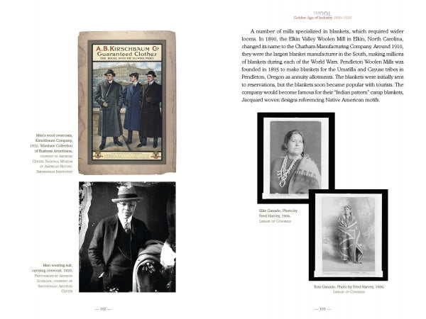 A historical book page from Schiffer Publishing, Ltd.'s "Wool" features a vintage clothing ad with three men in suits, profiles of Ella and Ynez Gerardo, info on North Carolina wool production, and Native American motif references in the U.S.