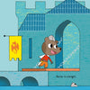 A cartoon bear knight crosses a drawbridge toward a blue castle flying a yellow dragon flag, as in an adventure tale. "Hector is a knight," appears in text. A gray fish peeks out of the water. Dragon's Castle by Schiffer Publishing, Ltd.