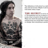 A young man with long dark dreadlocks and chest tattoos looks to the side in a black-and-white image. Next to him, text discusses the lasting appeal of The New Old School by Schiffer Publishing, Ltd. and the secrets of perfection in life and art.