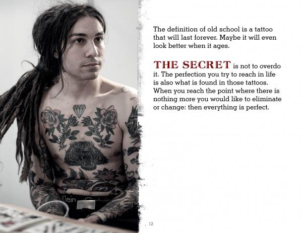 A young man with long dark dreadlocks and chest tattoos looks to the side in a black-and-white image. Next to him, text discusses the lasting appeal of The New Old School by Schiffer Publishing, Ltd. and the secrets of perfection in life and art.