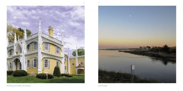 Side-by-side images: a yellow Gothic-style house with ornate trim and pointed arches, and a calm river at sunset—peaceful scenes from *Coastal Maine* by Schiffer Publishing, Ltd.