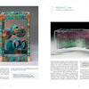 Two pages from Schiffer Publishing's "Dimensional Cloth" display vibrant glass sculptures themed after fiber art: a tall, rectangular work with swirling orbs on the left, and a layered, forest-like piece with artist info on the right.
