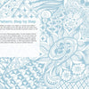 A blue and white abstract doodle background with intricate patterns and shapes. On the left, blue text reads "Meditative Zendoodles" by Schiffer Publishing, Ltd., with a short paragraph below on a white background.
