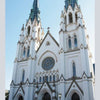 Featured in "Savannah's Historic Churches" by Schiffer Publishing, Ltd., a tall white gothic cathedral with twin spires, arched doorways, and stained glass windows exemplifies the beauty of Savannah's religious architecture under a clear blue sky.