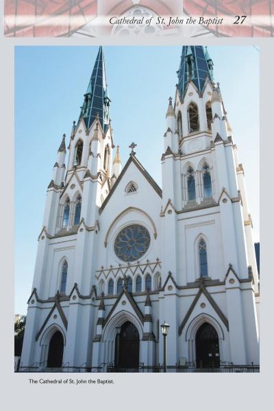 Featured in "Savannah's Historic Churches" by Schiffer Publishing, Ltd., a tall white gothic cathedral with twin spires, arched doorways, and stained glass windows exemplifies the beauty of Savannah's religious architecture under a clear blue sky.