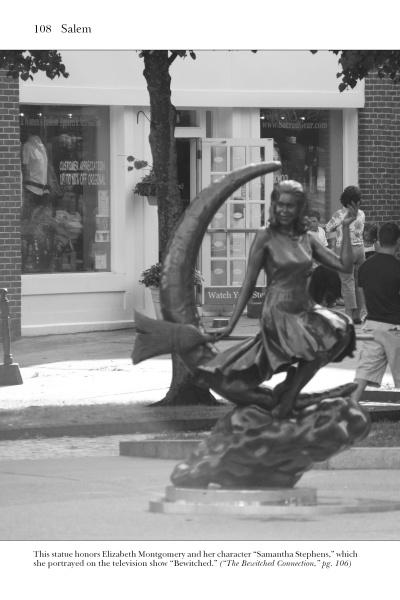 A black-and-white photo of the Elizabeth Montgomery statue as Samantha from Bewitched, featured in "Lost History of the North Shore" by Schiffer Publishing, Ltd., reveals hidden Massachusetts stories to visitors exploring nearby.