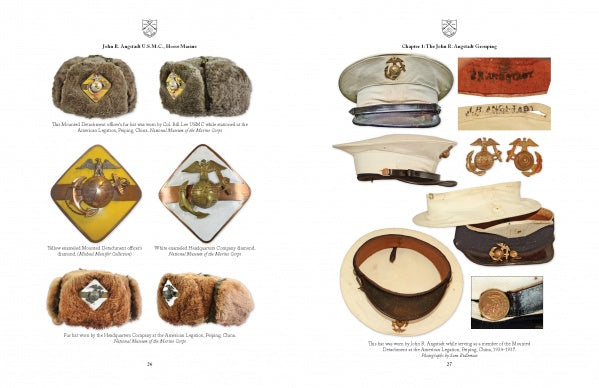 A two-page spread from "China Horse Marine" by Schiffer Publishing, Ltd. showcases historic U.S. Marine Corps hats and badges: fur hats and close-ups on the left; China Marines’ white hats, hat bands, and a bronze insignia on the right.