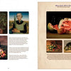 A two-page spread from "Heritage Gardens, Heirloom Seeds" by Schiffer Publishing, Ltd. shows four portraits with plants on the left and fruit still lifes, like a sliced watermelon, with descriptive text on the right.