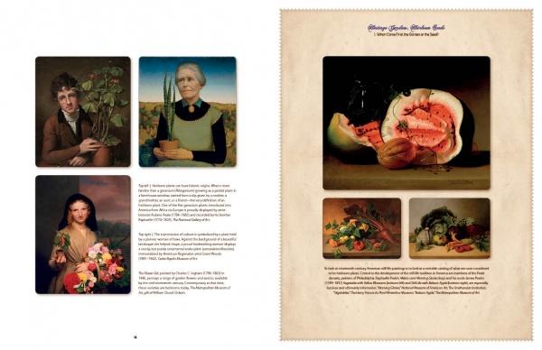 A two-page spread from "Heritage Gardens, Heirloom Seeds" by Schiffer Publishing, Ltd. shows four portraits with plants on the left and fruit still lifes, like a sliced watermelon, with descriptive text on the right.