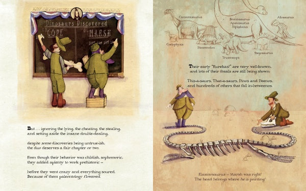 Two pages from Sticks ’n’ Stones ’n’ Dinosaur Bones by Schiffer Publishing, Ltd.: Left—two men unveil a Dinosaurs Discovered sign above a skeleton; right—one man observes a dinosaur skeleton with a species diagram above.