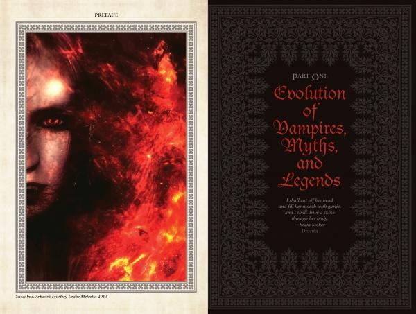 A spread from "Vampire Evolution" by Schiffer Publishing, Ltd.: the left page shows dark fiery art with a mysterious face; the right, titled Evolution of Vampires, Myths, and Legends, has ornate red text on black with quotes from vampire folklore and Dracula.