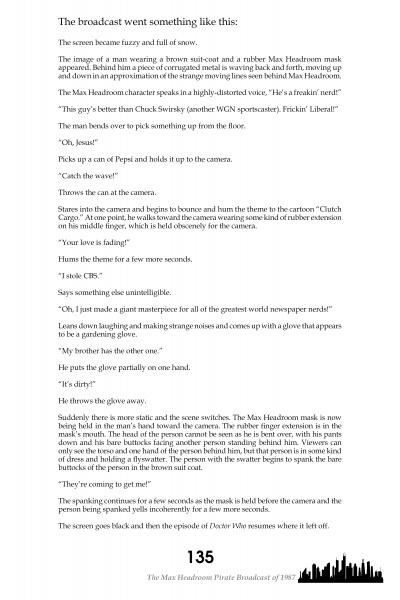 A page from "Chicago's Unsolved Crimes & Mysteries" by Schiffer Publishing, Ltd. shows a broadcast script excerpt about Chicago mysteries, with dialogue from Max Headroom and others, on page 135 in black text on white.