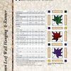 A page from Quilts of Chestnut Ridge by Schiffer Publishing, Ltd. features a chart with fabric and cutting instructions, info on Autumn Leaf blocks, and illustrations of quilt blocks and a wall hanging with red, green, and purple leaf motifs.
