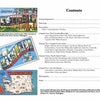 Three “Greetings from the Washington Coast” vintage postcards by Schiffer Publishing, Ltd. are displayed next to a book’s table of contents with chapter summaries and page numbers on Pacific Coast maritime history.