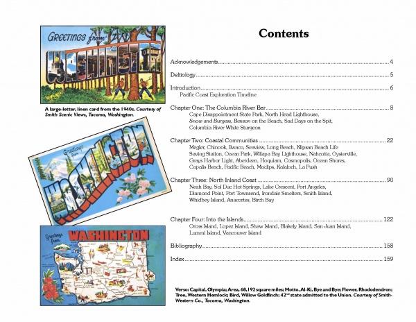 Three “Greetings from the Washington Coast” vintage postcards by Schiffer Publishing, Ltd. are displayed next to a book’s table of contents with chapter summaries and page numbers on Pacific Coast maritime history.