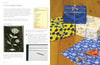 An open "Print It!" craft book by Schiffer Publishing, Ltd. shows instructions and materials for lino-wrapped paper with a floral print on the left and four blue, white, and gold patterned gifts on a wooden floor on the right.