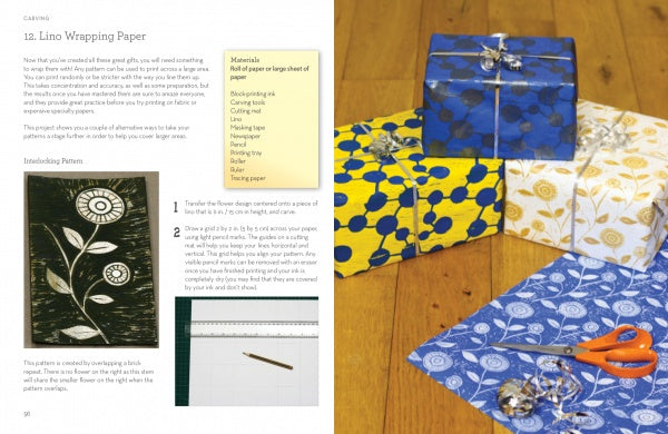 An open "Print It!" craft book by Schiffer Publishing, Ltd. shows instructions and materials for lino-wrapped paper with a floral print on the left and four blue, white, and gold patterned gifts on a wooden floor on the right.