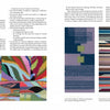 Two pages from "Tapestry Design Basics and Beyond" by Schiffer Publishing, Ltd. feature colorful abstract woven art on the left and bold geometric tapestry strips on the right, exploring visual design concepts.