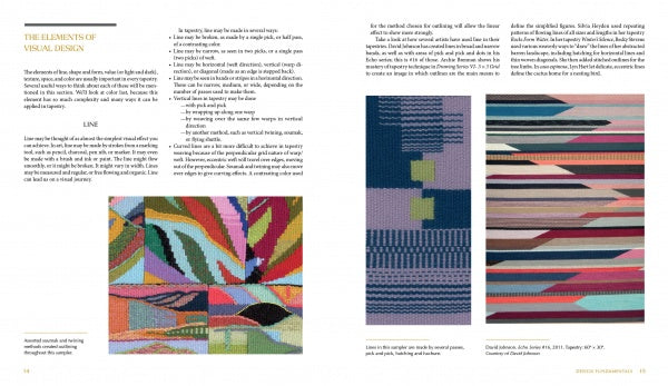 Two pages from "Tapestry Design Basics and Beyond" by Schiffer Publishing, Ltd. feature colorful abstract woven art on the left and bold geometric tapestry strips on the right, exploring visual design concepts.