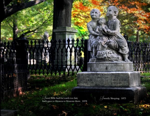Final Thoughts" by Schiffer Publishing, Ltd. captures a weathered stone grave monument of three children in a shaded cemetery, an evocative example of cemetery art photography and 19th-century epitaphs.