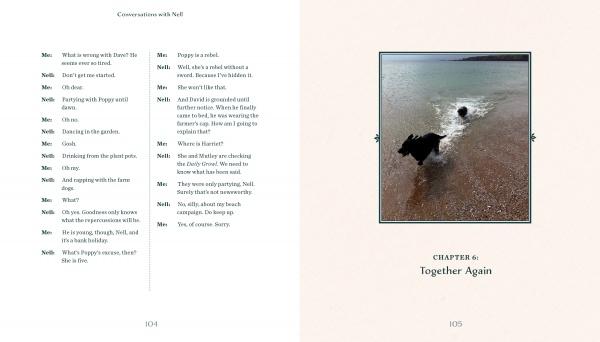 An open Conversations with Nell book (Schiffer Publishing, Ltd.) shows a chat on the left and a photo of two dogs—one is black Labrador Nell—running in shallow Devon water on the right, under Chapter 6: Together Again, set in Devon, England.