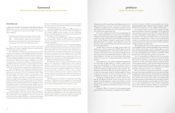 Two pages from Schiffer Publishing, Ltd.'s "Glass Art" display the Foreword and Preface in dense black text, divided by a crease. Light gold headings reflect the refined style of contemporary glass art.