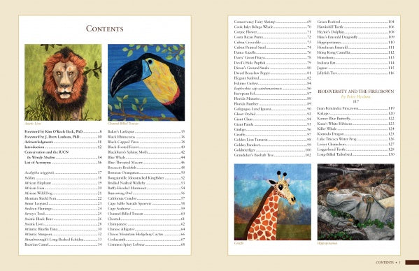The "Inspired by Endangered Species" table of contents from Schiffer Publishing, Ltd. features cream pages with two-column lists and illustrations of a lion, toucan, giraffe, and rhinoceros highlighting endangered animals in each corner.