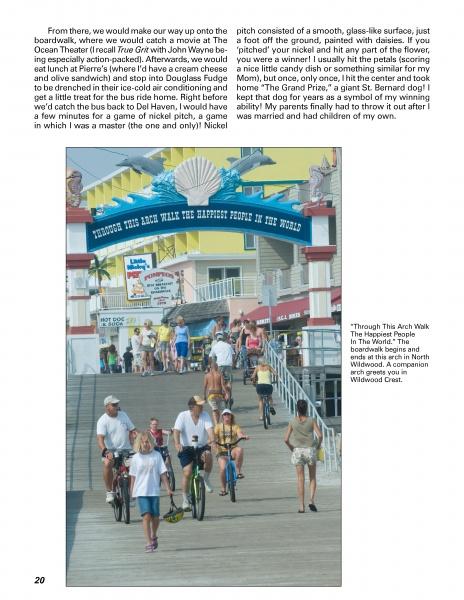 A group enjoys Wildwood, New Jersey’s lively boardwalk—passing under the “Through This Arch Walk the Happiest People in the World” sign—amid neon lights and Doo Wop style as seen in Wildwood's Neon Nights & Motel Memories from Schiffer Publishing, Ltd.