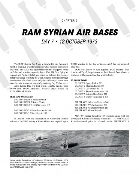 A black-and-white page from Ghosts of Atonement by Schiffer Publishing, Ltd. lists Ram Syrian Air Bases details, targets, operations, dates, and acronyms. At the bottom is a grainy Yom Kippur War photo with Israeli F-4 Phantoms and smoke trails over barren land.