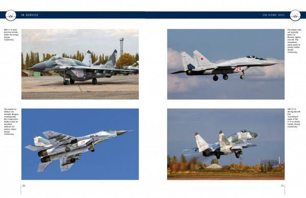 Four images from Schiffer Publishing, Ltd.'s "The MiG-29" show Soviet MiG-29 fighters on runways and in flight, with clear skies and autumn trees. The jets display grey or camouflage paint and red star insignias.