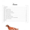 A table of contents page features chapter titles and, at the bottom, a small brown dog figurine like Hagen-Renaker pottery stands alert. Shown on a white background. Product: More Hagen-Renaker Pottery by Schiffer Publishing, Ltd.