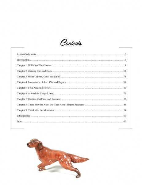 A table of contents page features chapter titles and, at the bottom, a small brown dog figurine like Hagen-Renaker pottery stands alert. Shown on a white background. Product: More Hagen-Renaker Pottery by Schiffer Publishing, Ltd.